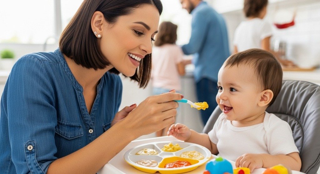 Bebê feliz comendo de forma saudável